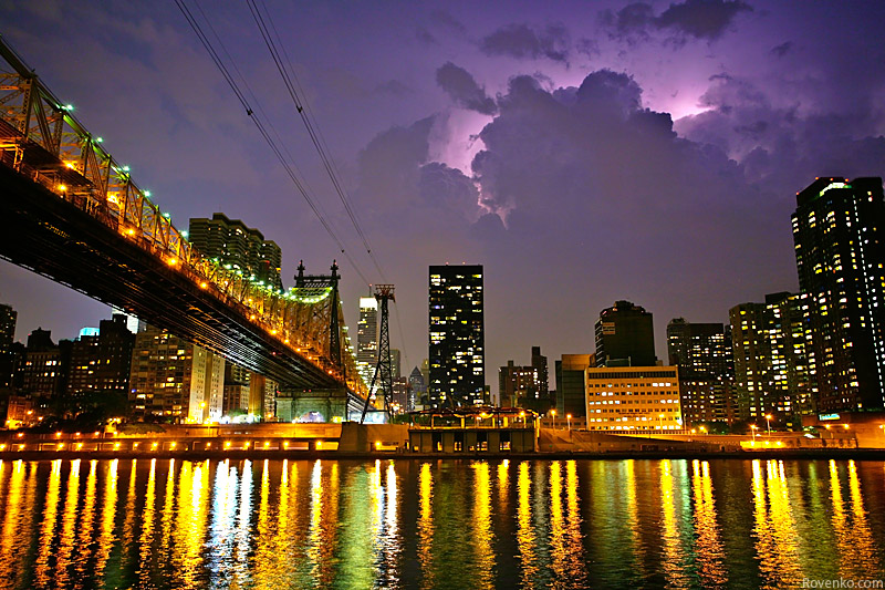 Queensborough Bridge and thunderstorm over Manhattan, view from the Roosevelt Island